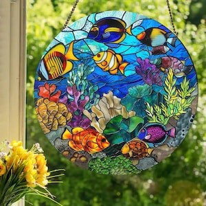Tropical Reef: Stained Glass Style Window Hanging Made With Real Glass