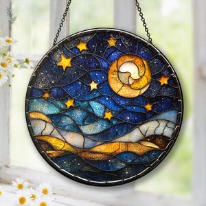Moon and Star Stained Glass Suncatcher, Celestial Night Sky Ornament, Handmade Unique Christmas Gift, Spiritual Home Decor for Windows