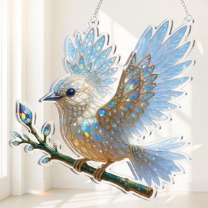 Acrylic Celestial Bird SunCatcher – Opal Blue Fantasy Ornament – Rainbow Window Art Decor – Magical Nature Home Gift 2