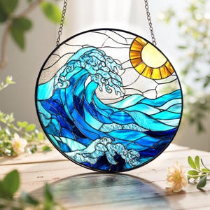 Wave Suncatcher Stained Glass, Ocean Beach Glass Suncatcher, Coastal Decor, Sea Sunset Glass Art, Blue Ocean Wave Decor, Gift for Sea Lover
