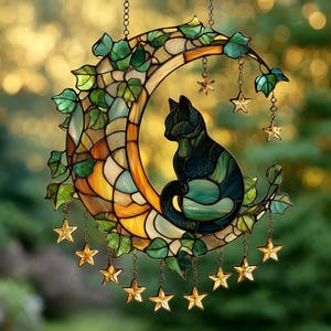Cat On Crescent Moon With Stars Faux Stained Glass Acrylic Suncatcher Window Hanging – Celestial Night Sky Decor Gift For Cat Lovers