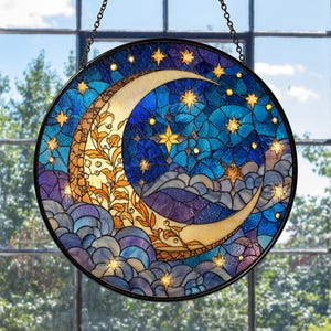 Moon and Star Suncatcher, Celestial Night Sky Ornament, Night Court City Of Star Light Suncatcher, Handmade Unique Mothers Day Gift