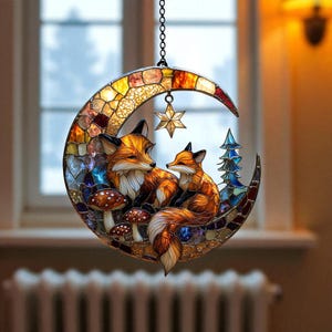 Enchanted Forest ACRYLIC Moon Fox Window Sun Catcher, Crescent Panel with Red Toadstool Mushrooms & Starlit Glow, Autumn Home Decor