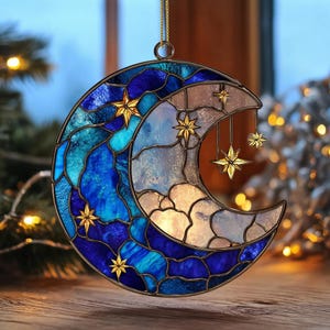 Moon and Star Stained Glass Suncatcher – Celestial Night Sky Window Decor