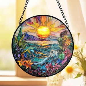 Ocean Sunset Stained Glass Suncatcher, Tropical Floral Wave Window Decor, Coastal Paradise Theme, Gift for Beach Lovers, Gift For Mom