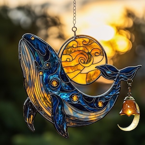 Whale And Moon Acrylic Suncatcher, Ocean Window Hanging Decor, Celestial Personalized Gift For Her, Perfect Nautical Home Decoration