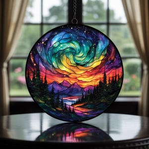 Galaxy Mountain Suncatcher, Faux Stained Glass, Aurora Night Sky Decor