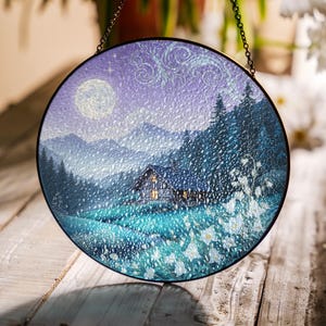 Mystical Night Cabin Suncatcher | UV Printed Glass Moon & Swirling Sky Decor