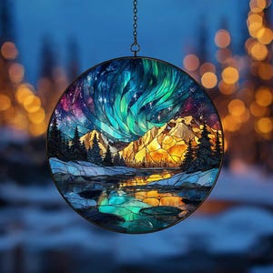 Aurora Borealis ACRYLIC Suncatcher - Faux Stained Glass Window Hanging with River, Pines, and Starry Mountain Sky - Nature Gift
