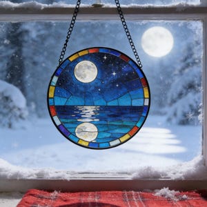 Starry Moonlit Lake Stained Glass Suncatcher, Blue Night Sky Suncatcher Window Hanging Decor, Nature Home Decor Gift