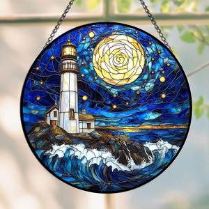 Stained Glass Lighthouse Suncatcher Ocean Wave Window Hanging Night Sky Art Decor