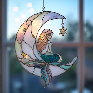 Mermaid Moon Suncatcher, Stained Glass Style Window Hanging, Rainbow Light Catcher for Dreamy Home Decor