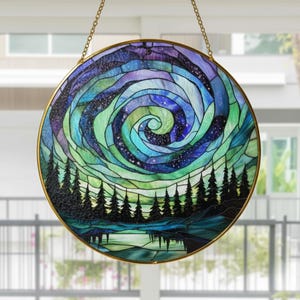 Aurora Spiral Night Stained Glass Suncatcher with Gold Frame – Northern Sky Forest Window Hanging – Landscape Glass Art Gift