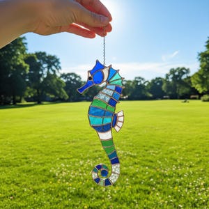 Seahorse Stained Glass Suncatcher Window Hanging Blue Green Ocean Decor Beach House Window Art Handmade Coastal Nautical Gift Mothers Day