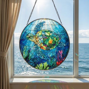 Sea Turtle Stained Glass Suncatcher, Ocean Window Hanging Decor, Colorful Marine Life Decor, Nature Lover Gift, Ocean Lover Gift
