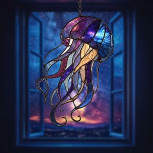 Galaxy Jellyfish Window Hanging, Unique Stained Glass Effect, Marine Life Art, Celestial Ocean Suncatcher Gift