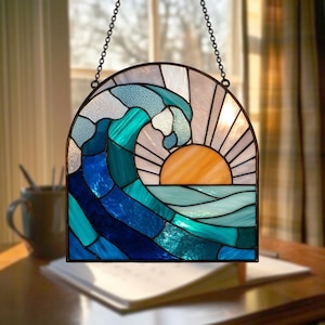 Ocean Waves Suncatcher, Ocean Wave Wall Art Window Hanger, Ocean Suncatcher Gift, Beach Decor, Coastal Suncatcher, Beach Lover Gift