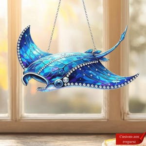 Blue Manta Ray Acrylic Suncatcher, Ocean Animal Window Hanging, Marine Life Home Decor, Beach Lover Gift For Her