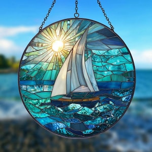 Sailboat On Blue Sea Round Suncatcher, Ocean Glass Window Decor, Gift For Dad, Ocean Decor , Sea Lover Gifts, Sailboard Lover, Home Decor
