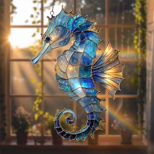 Blue Seahorse Suncatcher, Faux Stained Glass Acrylic Window Hanging, Ocean Coastal Decor, Sea Life Gift for Beach Lovers