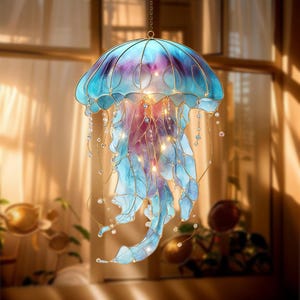 Jellyfish Faux Stained Glass Suncatcher, Ocean Acrylic Window Hanging Decor, Coastal Sea Life Art Gift