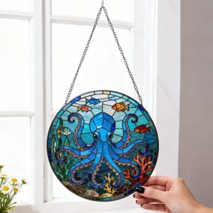 Charming Octopus Ocean Suncatcher Stained Glass Blue Sea Coastal Beach Window Hanging Glass Ornament Gift