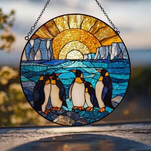 Penguin Ocean Scene Stained Glass Suncatcher, Gift for Animal Lovers, Ocean Scene Suncatcher, Home Decoration